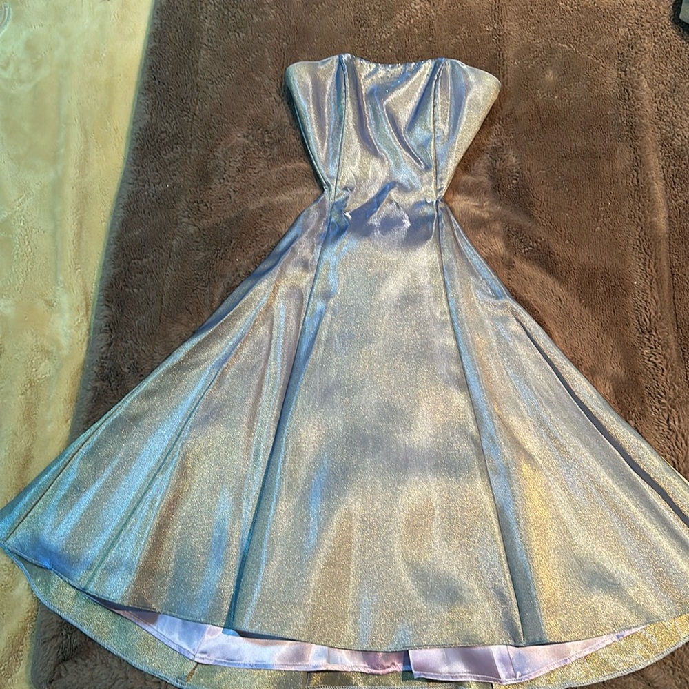 Iridescent blue prom dress by Jessica McClintock for petite teen.